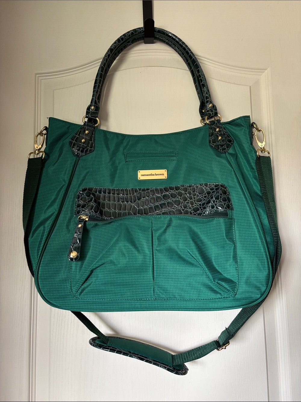 Samantha Brown Green Checked Travel Tote Crossbody Bag Croc Embossed Trim